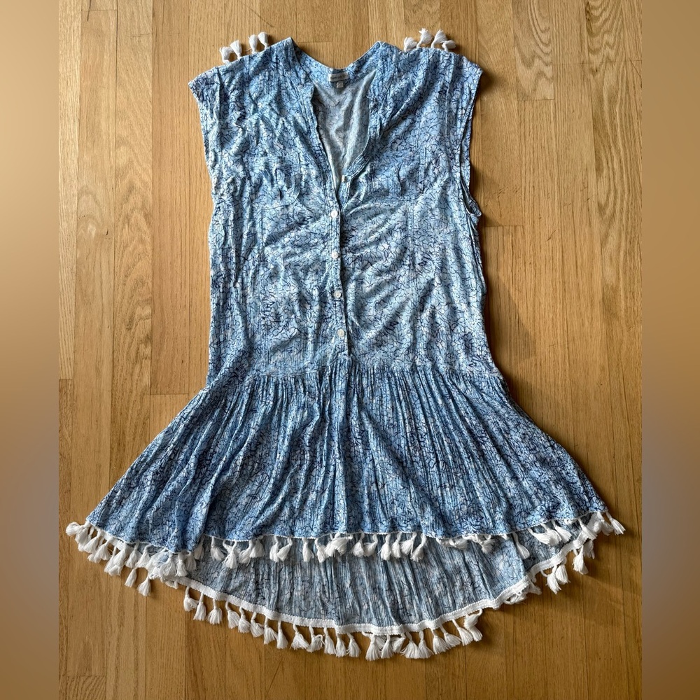 Poupette St. Barth Blue and White Tassel-Trim Mini Dress